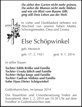Traueranzeige von Else Schöpwinkel von Mitteldeutsche Zeitung Wittenberg