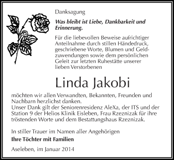 Traueranzeige von Linda Jakobi von Mitteldeutsche Zeitung Mansfelder Land