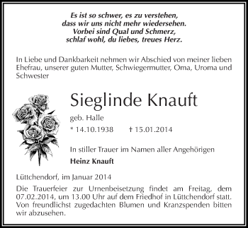 Traueranzeige von Sieglinde Knauft von Mitteldeutsche Zeitung Mansfelder Land