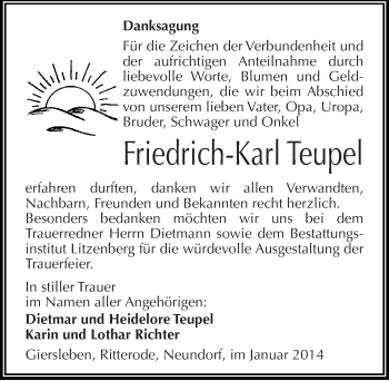 Traueranzeige von Friedrich-Karl Teupel von Mitteldeutsche Zeitung Mansfelder Land