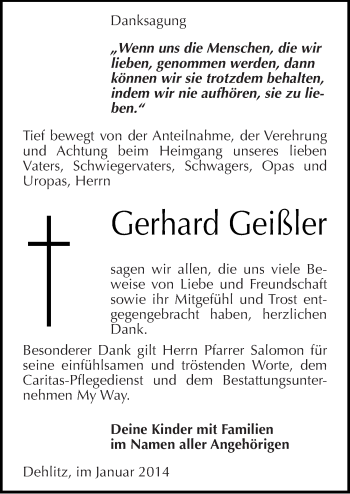 Traueranzeige von Gerhard Geißler von Mitteldeutsche Zeitung Weißenfels
