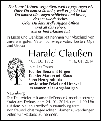 Traueranzeige von Harald Claußen von Mitteldeutsche Zeitung Naumburg/Nebra