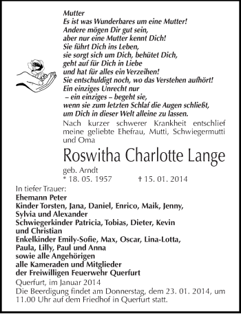Traueranzeige von Roswitha Charlotte Lange von Mitteldeutsche Zeitung Merseburg/Querfurt