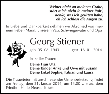 Traueranzeige von Georg Stiener von Mitteldeutsche Zeitung Halle/Saalkreis