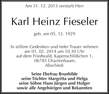 Traueranzeige von Karl Heinz Fieseler von Mitteldeutsche Zeitung Wittenberg