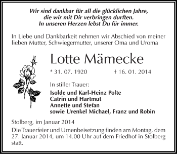 Traueranzeige von Lotte Mämecke von Mitteldeutsche Zeitung Sangerhausen