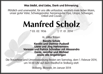 Traueranzeige von Manfred Scholz von Mitteldeutsche Zeitung Sangerhausen