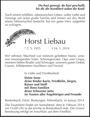 Traueranzeige von Horst Liebau von Mitteldeutsche Zeitung Sangerhausen