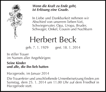 Traueranzeige von Herbert Beck von Mitteldeutsche Zeitung Quedlinburg