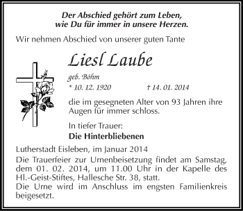 Traueranzeige von Liesl Laube von Mitteldeutsche Zeitung Mansfelder Land
