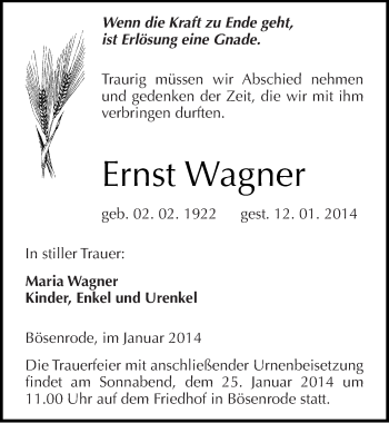 Traueranzeige von Ernst Wagner von Mitteldeutsche Zeitung Sangerhausen