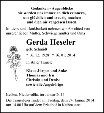 Traueranzeige von Gerda Heseler von Mitteldeutsche Zeitung Sangerhausen