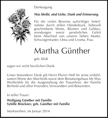 Traueranzeige von Martha Günther von Mitteldeutsche Zeitung Weißenfels