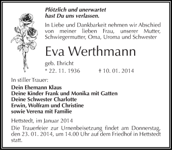 Traueranzeige von Eva Werthmann von Mitteldeutsche Zeitung Mansfelder Land