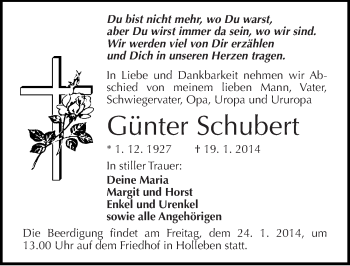 Traueranzeige von Günter Schubert von Mitteldeutsche Zeitung Halle/Saalkreis