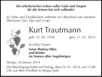 Traueranzeige von Kurt Trautmann von Mitteldeutsche Zeitung Merseburg/Querfurt