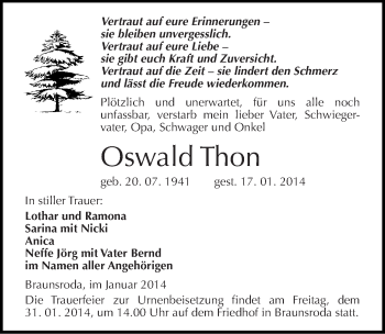 Traueranzeige von Oswald Thon von Mitteldeutsche Zeitung Naumburg/Nebra