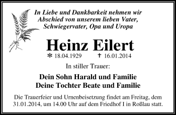 Traueranzeige von Heinz Eilert von Mitteldeutsche Zeitung Dessau-Roßlau