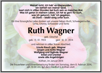 Traueranzeige von Ruth Wagner von Mitteldeutsche Zeitung Köthen