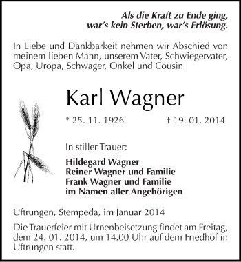 Traueranzeige von Karl Wagner von Mitteldeutsche Zeitung Sangerhausen