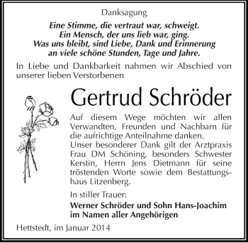 Traueranzeige von Gertrud Schröder von Mitteldeutsche Zeitung Mansfelder Land