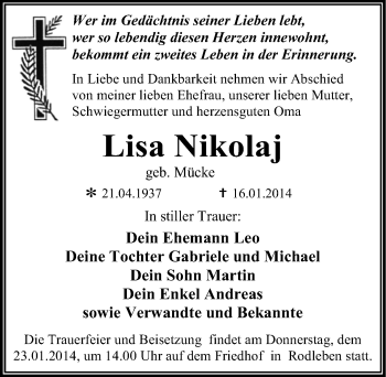 Traueranzeige von Lisa Nikolaj von Mitteldeutsche Zeitung Dessau-Roßlau