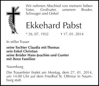 Traueranzeige von Ekkehard Pabst von Mitteldeutsche Zeitung Naumburg/Nebra