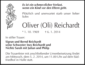 Traueranzeige von Oliver Reichardt von Mitteldeutsche Zeitung Halle/Saalkreis