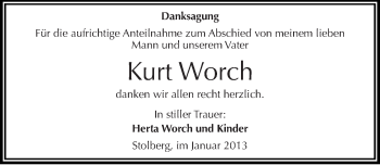 Traueranzeige von Kurt Worch von Mitteldeutsche Zeitung Sangerhausen