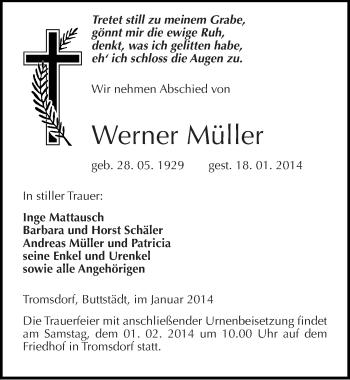 Traueranzeige von Werner Müller von Mitteldeutsche Zeitung Naumburg/Nebra