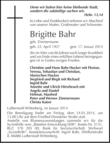 Traueranzeige von Brigitte Bahr von Mitteldeutsche Zeitung Wittenberg