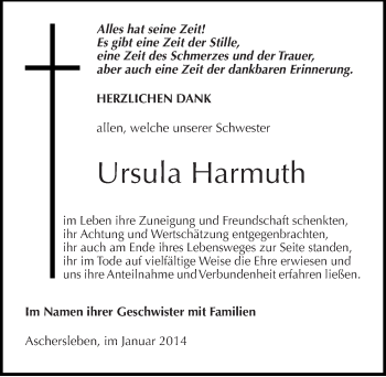 Traueranzeige von Ursula Harmuth von Mitteldeutsche Zeitung Aschersleben