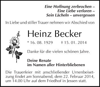 Traueranzeige von Heinz Becker von Mitteldeutsche Zeitung Wittenberg