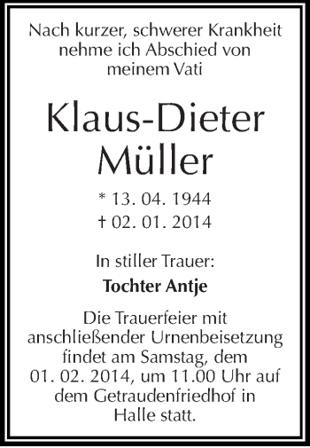 Traueranzeige von Klaus-Dieter Müller von Mitteldeutsche Zeitung Halle/Saalkreis
