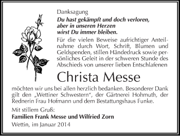 Traueranzeige von Christa Messe von Mitteldeutsche Zeitung Halle/Saalkreis