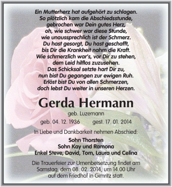 Traueranzeige von Gerda Hermann von Mitteldeutsche Zeitung Halle/Saalkreis