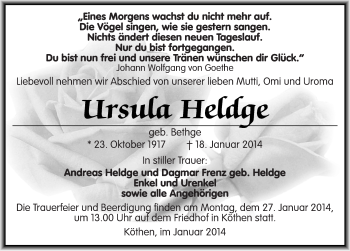 Traueranzeige von Ursula Heldge von Mitteldeutsche Zeitung Köthen