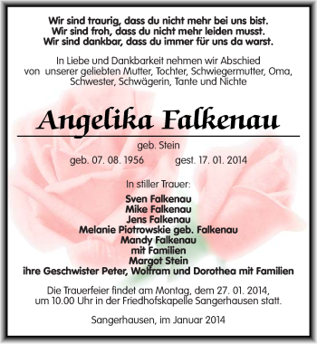Traueranzeige von Angelika Falkenau von Mitteldeutsche Zeitung Sangerhausen