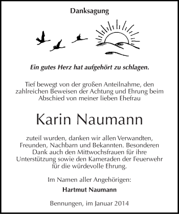 Traueranzeige von Karin Naumann von Mitteldeutsche Zeitung Sangerhausen