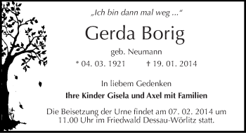 Traueranzeige von Gerda Borig von Mitteldeutsche Zeitung Dessau-Roßlau