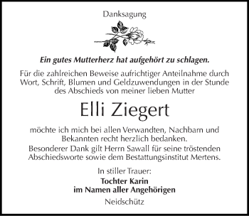 Traueranzeige von Elli Ziegert von Mitteldeutsche Zeitung Naumburg/Nebra