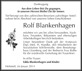 Traueranzeige von Rolf Blankenhagen von Mitteldeutsche Zeitung Mansfelder Land