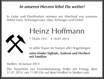 Traueranzeige von Heinz Hoffmann von Mitteldeutsche Zeitung Mansfelder Land