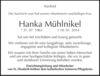 Traueranzeige von Hanka Mühlnikel von Mitteldeutsche Zeitung Köthen