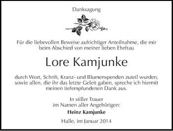 Traueranzeige von Lore Kamjunke von Mitteldeutsche Zeitung Halle/Saalkreis