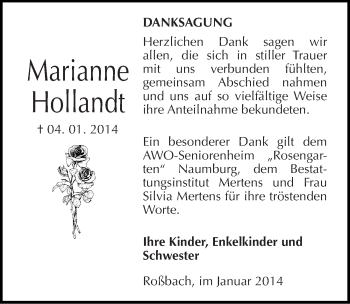 Traueranzeige von Marianne Hollandt von Mitteldeutsche Zeitung Naumburg/Nebra