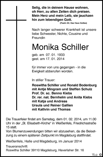 Traueranzeige von Monika Schiller von Mitteldeutsche Zeitung Weißenfels