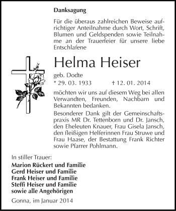 Traueranzeige von Helma Heiser von Mitteldeutsche Zeitung Sangerhausen