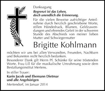 Traueranzeige von Brigitte Kohlmann von Mitteldeutsche Zeitung Naumburg/Nebra