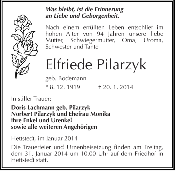 Traueranzeige von Elfriede Pilarzyk von Mitteldeutsche Zeitung Mansfelder Land
